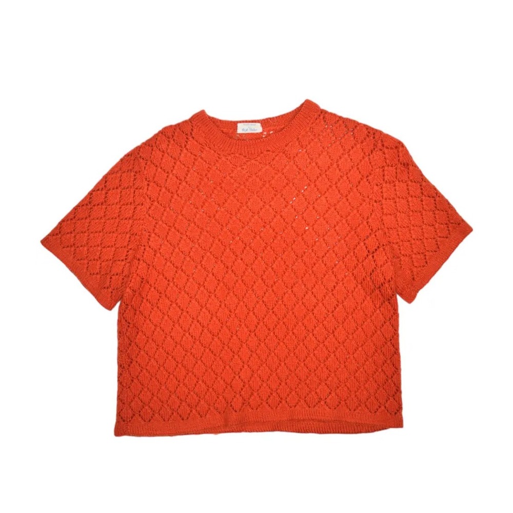 Vintage Hand Knit Sweater Womens S Orange Short Sleeve Acrylic Crochet Crewneck